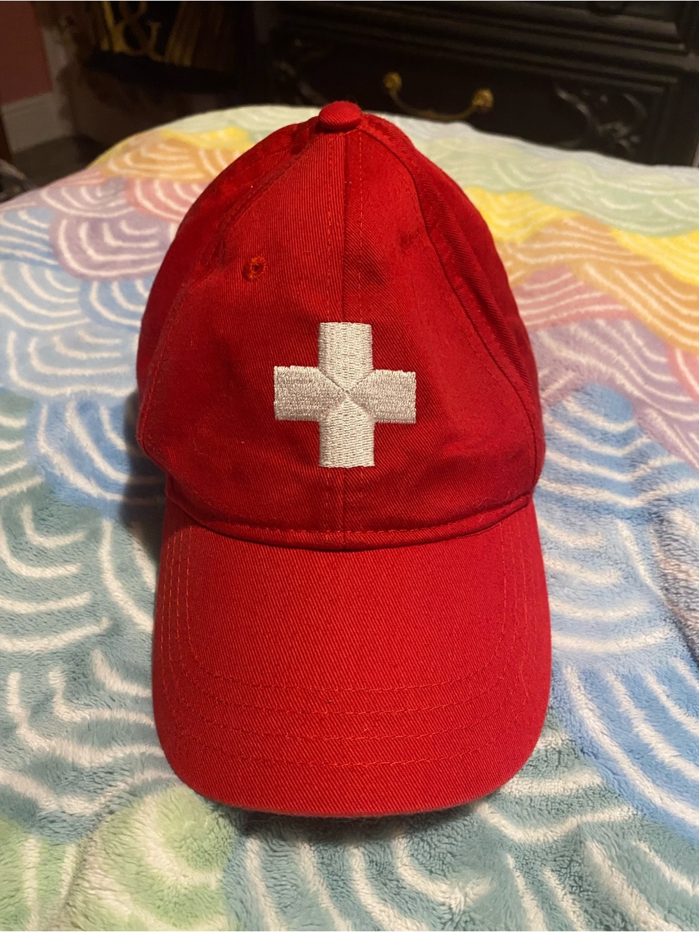 Kids Red Baseball Cap with Embroidered White Cross
